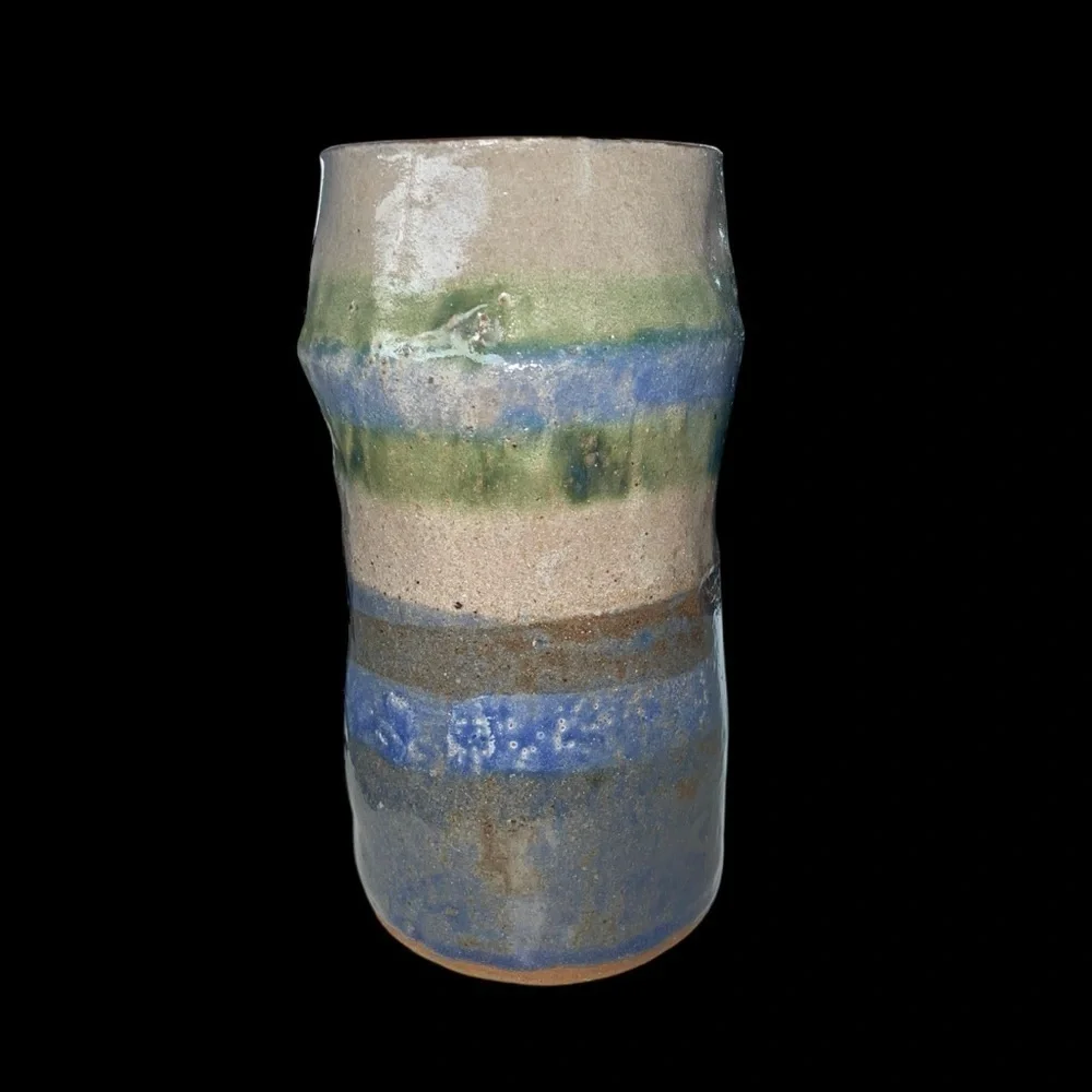 Vintage Handmade Stoneware Cylinder Vase Blue Gray Green Glaze 6.75